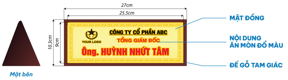 biển hiệu chức danh gỗ tam giác mặt đồng ăn mòn