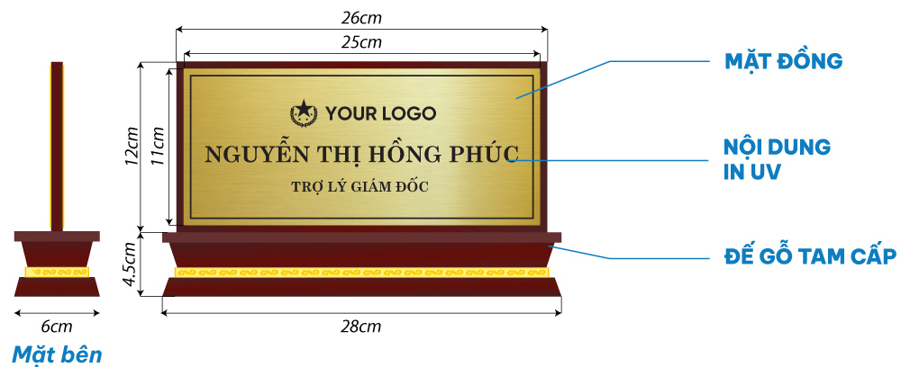 bảng chức vụ công ty đế gỗ tam cấp mặt đồng in uv