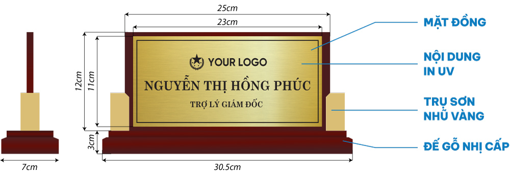 bảng chức danh cao cấp đế gỗ mặt đồng in uv