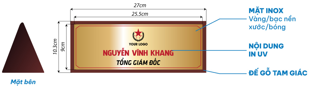 biển hiệu chức danh gỗ tam giác mặt inox