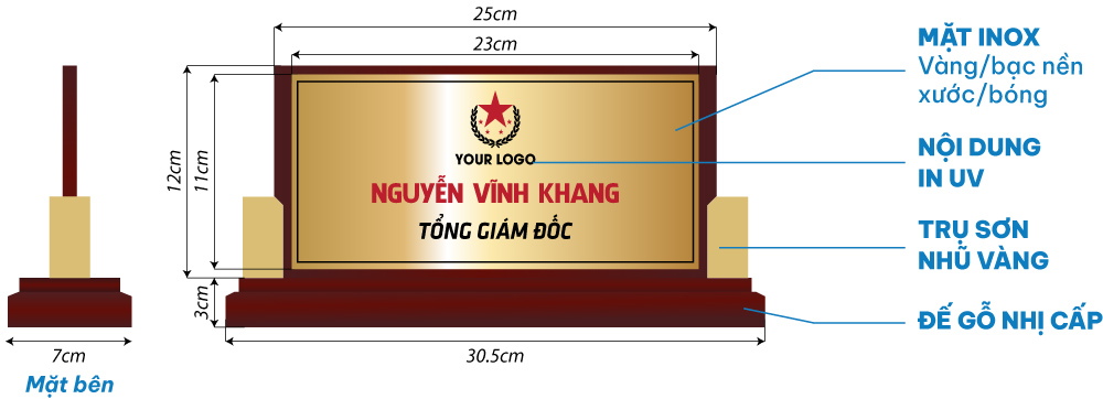 bảng chức danh để bàn cao cấp đế gỗ mặt inox