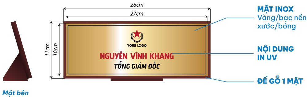 biển hiệu chức danh gỗ tam giác mặt inox