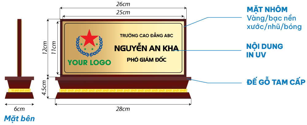 bảng chức vụ công ty đế gỗ tam cấp mặt nhôm