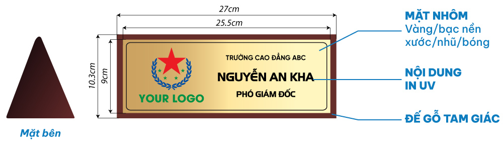 biển hiệu chức danh gỗ tam giác, mặt nhôm in uv