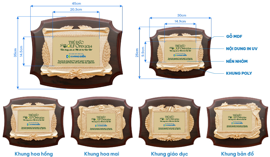 Mẫu kỷ niệm chương gỗ đồng khung poly