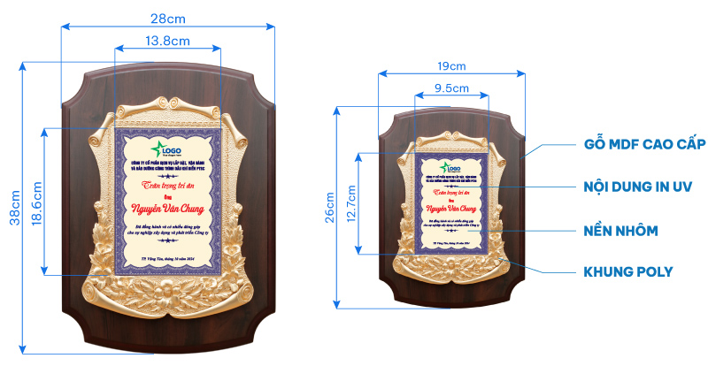 kỷ niệm chương, bảng vinh danh gỗ đồng khung poly